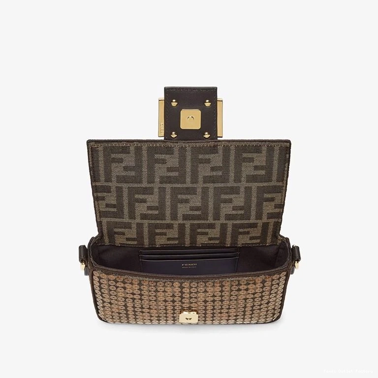 Vintage HOT Mini Sequins Fabric Motif Brown FF Fendi Baguette In with Bag 0812